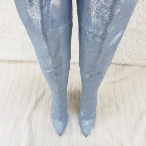 Mack J Denim Laser Hologram Fabric High Heel Split Top Thigh Boots - Picture 5 of 7